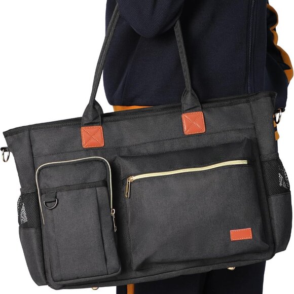 Water-Resistant Black Large Tote Bag for Women, Multiple Compartments, Fits 17-I - Picture 6 of 8